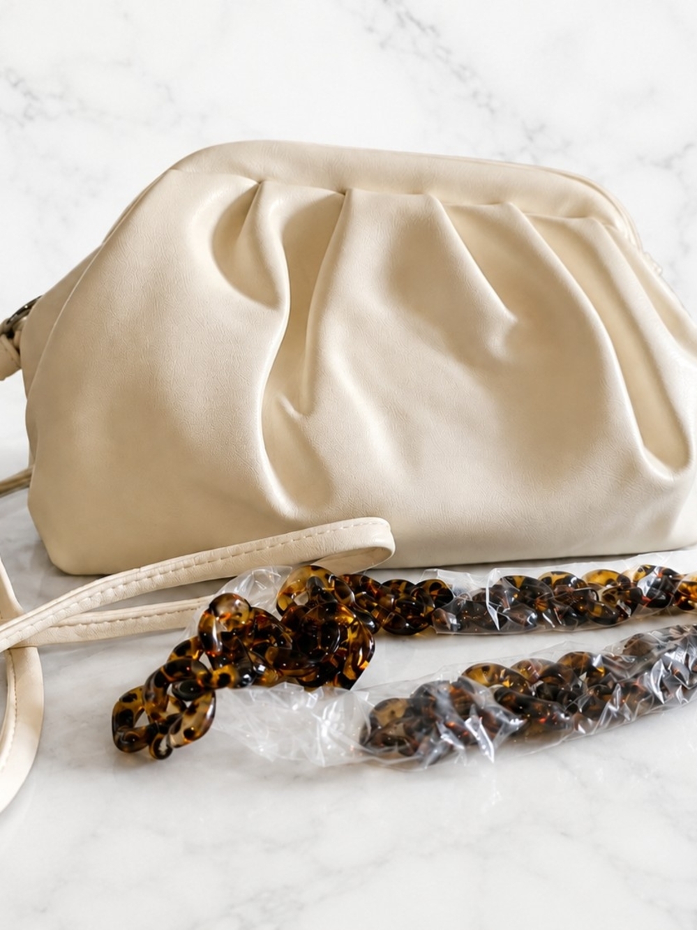 Cream Vegan Leather Crossbody Bag with Leather And Tortoiseshell Chain Strap